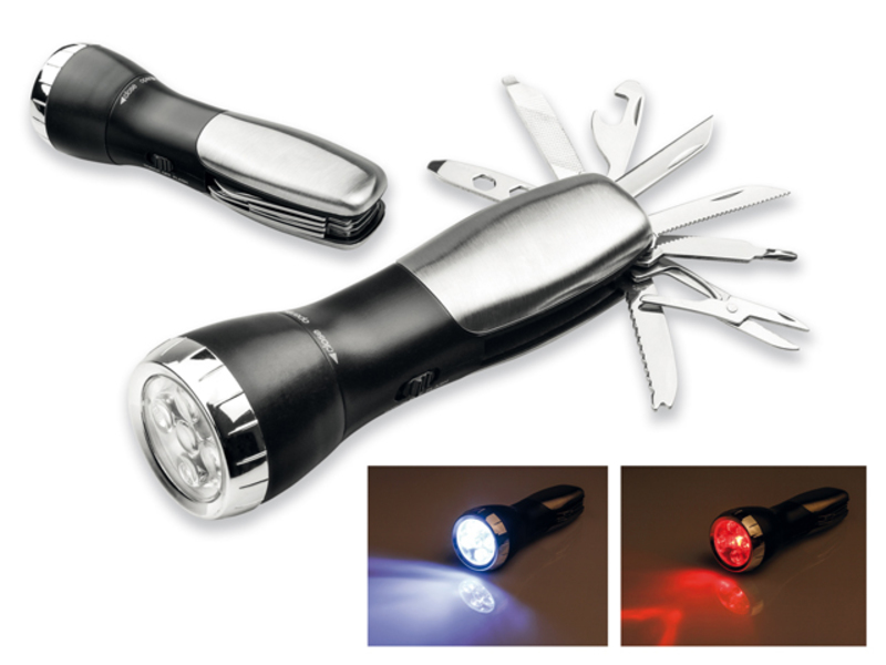 KANE torch from stainl. steel and plastici w. 5 LEDs and tools, 8 func., Black