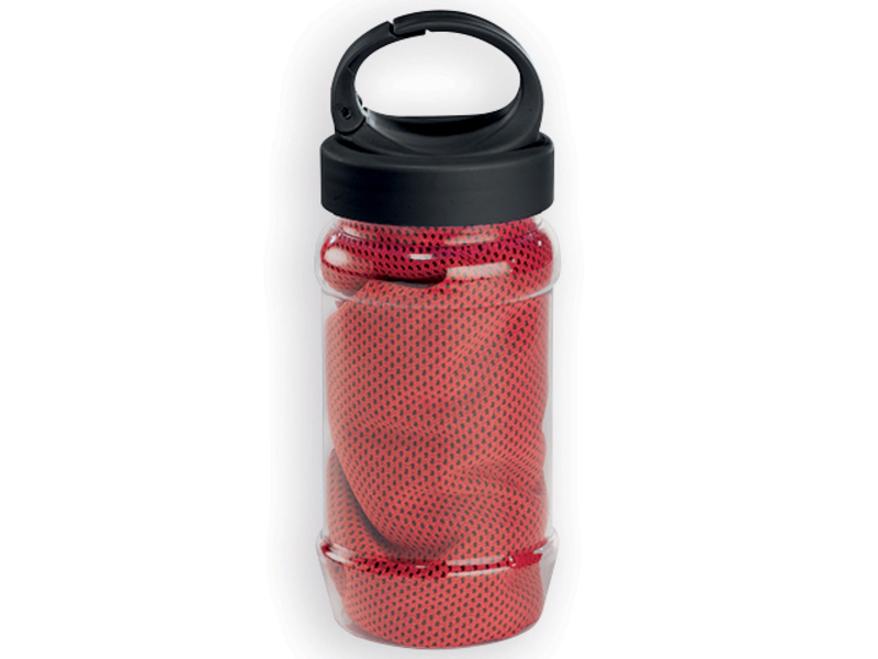 KALISTO cooling towel in a plastic sports bottle, Red