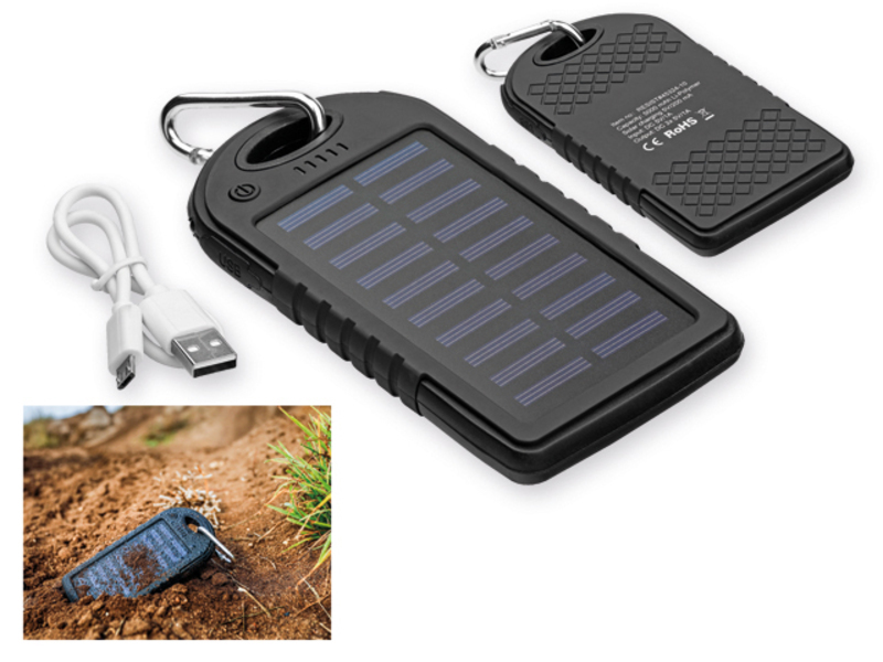 RESIST plastic rubberized power bank with 5 000 mAh capacity, solar panel, Black