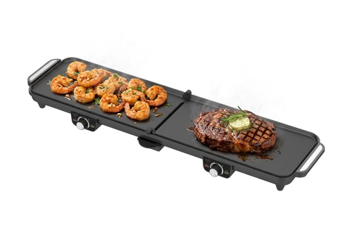 Electric Table Grill 180°, Large 2070 cm² Grilling Surface, 2 Independently Controlled Plates, Temperature Control, Non-Stick Coating