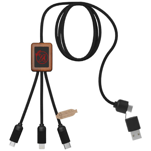 SCX.design C38 40W 5-in-1 rPET light-up logo charging cable with squared wooden casing