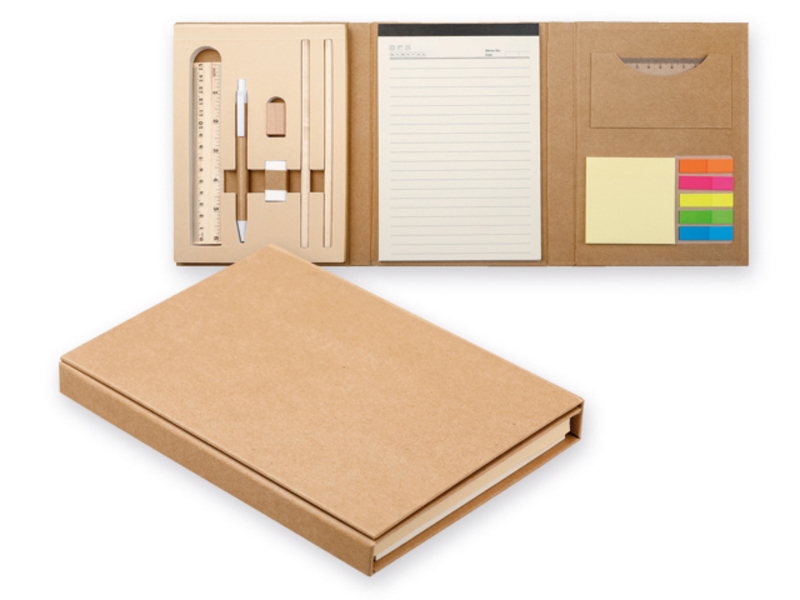 GIFFER notepad with sticky notes, pen, 2 pencils, ruler, sharpener,rubber, Natural