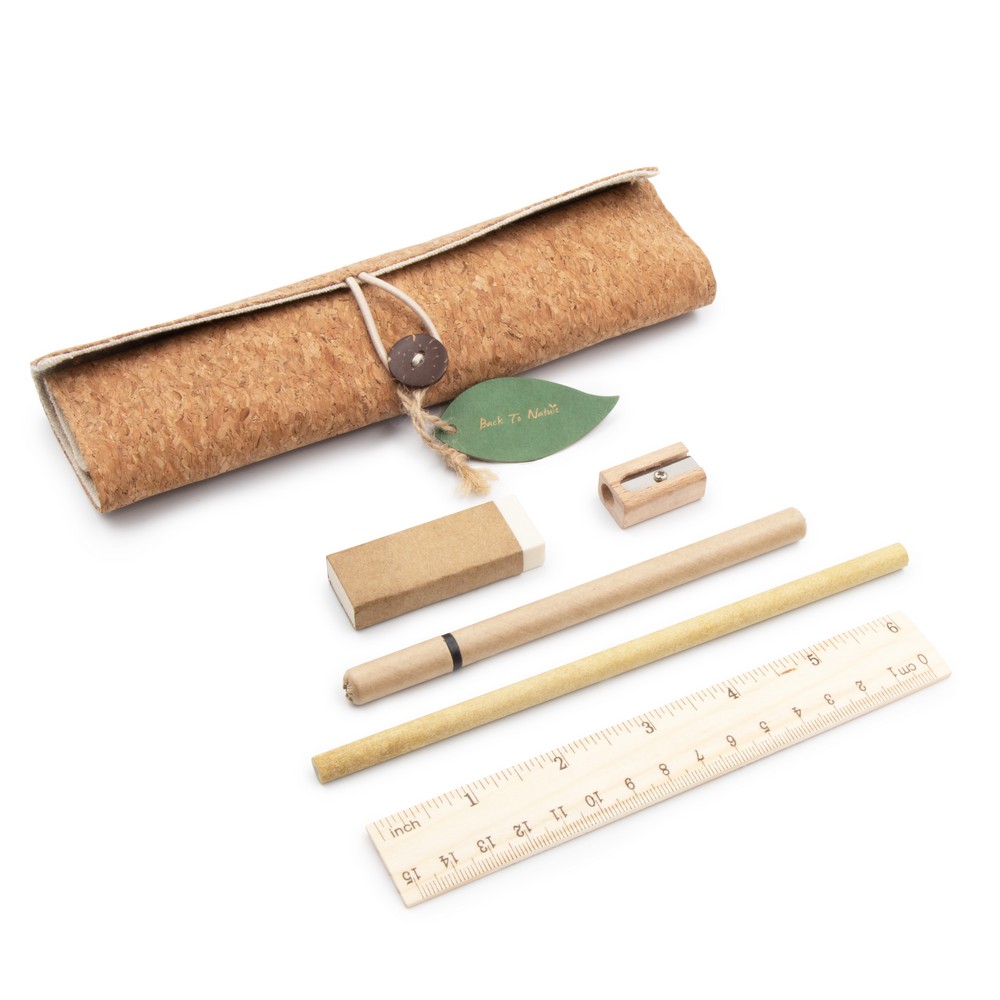 School set, cork pencil case, pencil, ball pen, ruler, eraser and pencil sharpener | Clark