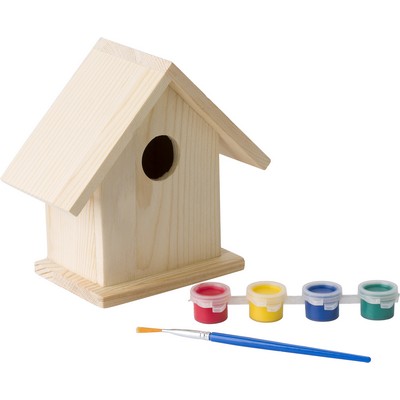 Birdhouse for painting, paints and brush