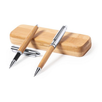 Bamboo writing set, ball pen and roller ball pen