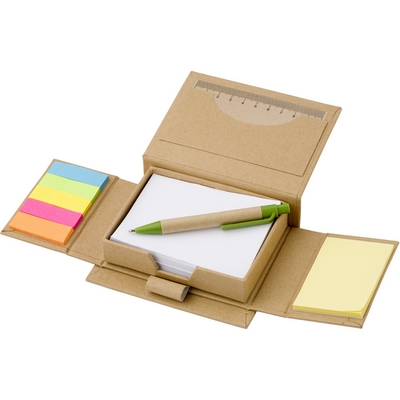 Memo holder, notebook, sticky notes, ball pen, ruler