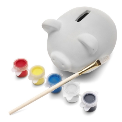 Piggy bank for painting, paints and brush