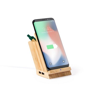 Bamboo wireless charger 5W, 4 USB hub 2.0, pen holder, phone stand