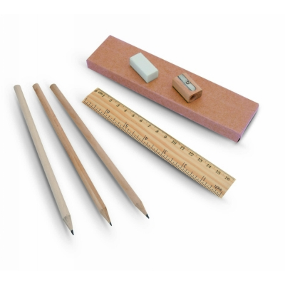 School set, pencil case, 3 pencils, ruler, eraser and pencil sharpener