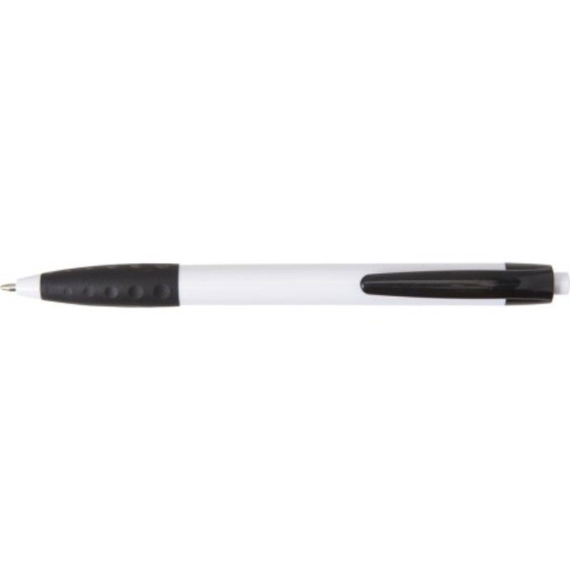 Plastic ballpen with a black clip and rubber grip