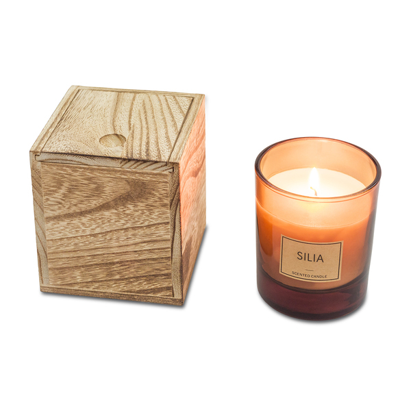 SILIA candle in a wooden box, brown