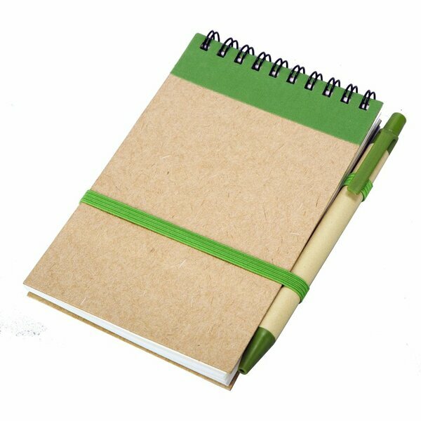 ECO RIBBON notebook with clear pages 90x140 / 140 pages with pen,  green/beige