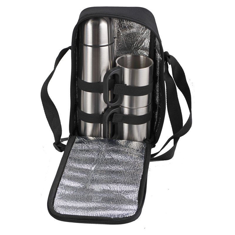 HAPPY OUTING thermos set and 2 thermo cups in shoulder bag,  silver/black