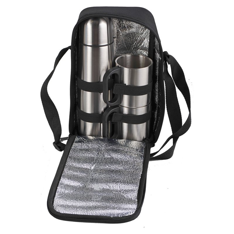 HAPPY OUTING set of thermos and 2 thermo cups in shoulder bag, silver/black