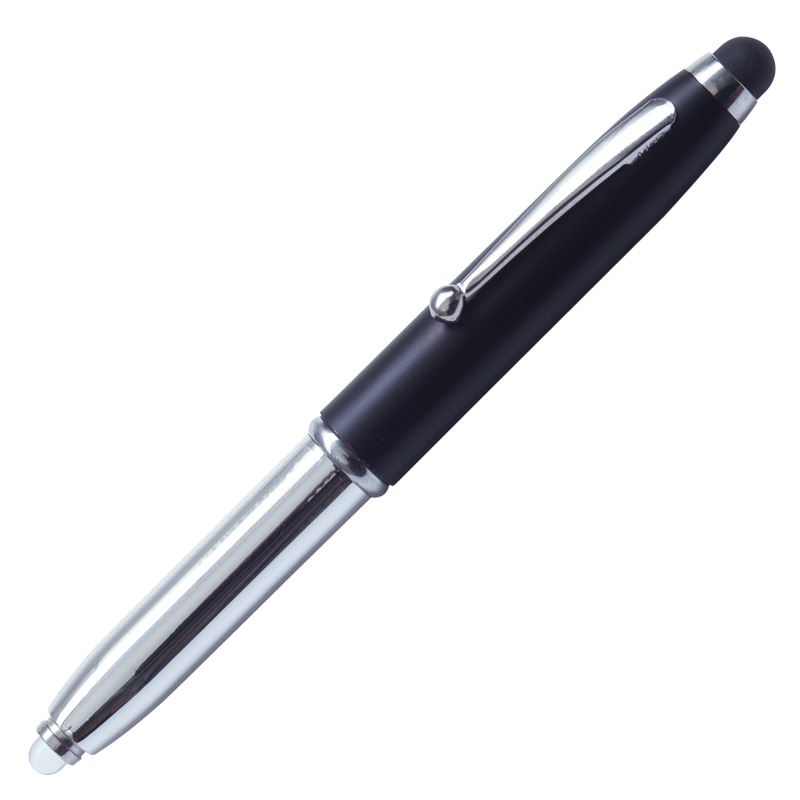 LED PEN LIGHT ballpoint pen with LED flashlight and stylus,  black/silver