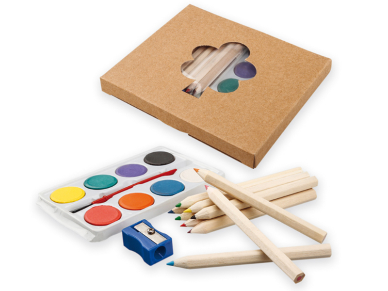OSTADE set of 10 wooden crayons, water colours, brush and sharpener, Natural