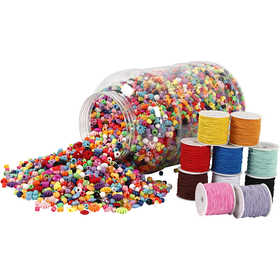 Bucket of Plastic Beads & Elastic Cords