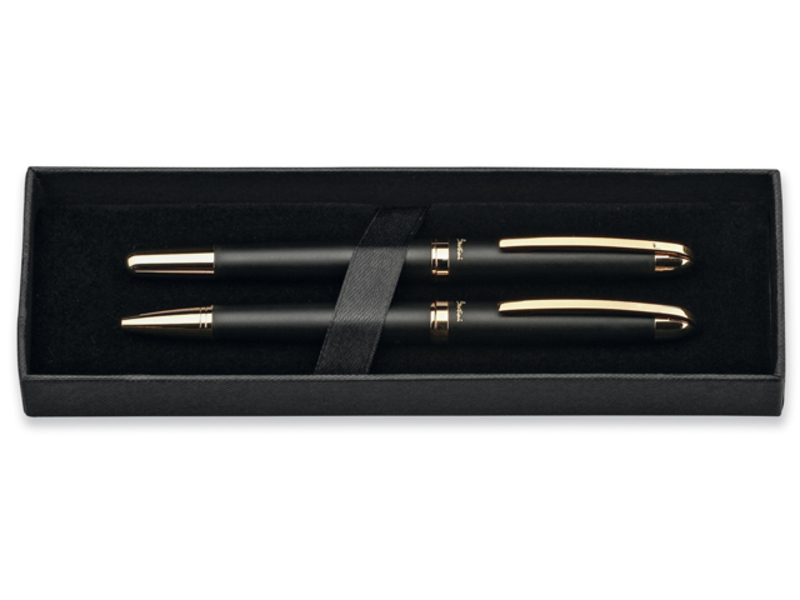 EZEKIEL SET set of metal ball pen and roller pen, blue refill, SANTINI, Black