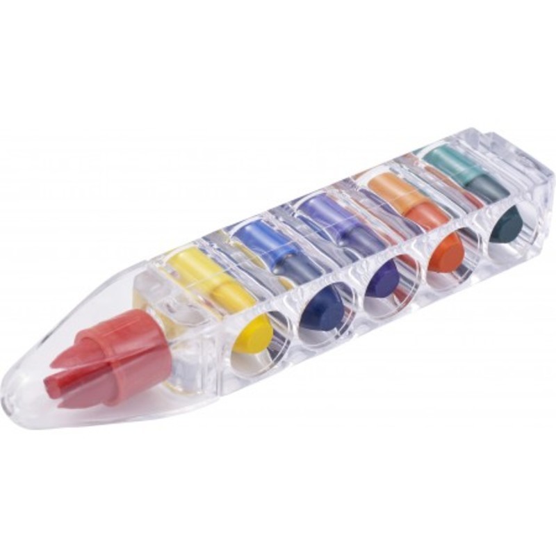 Six wax crayons in container