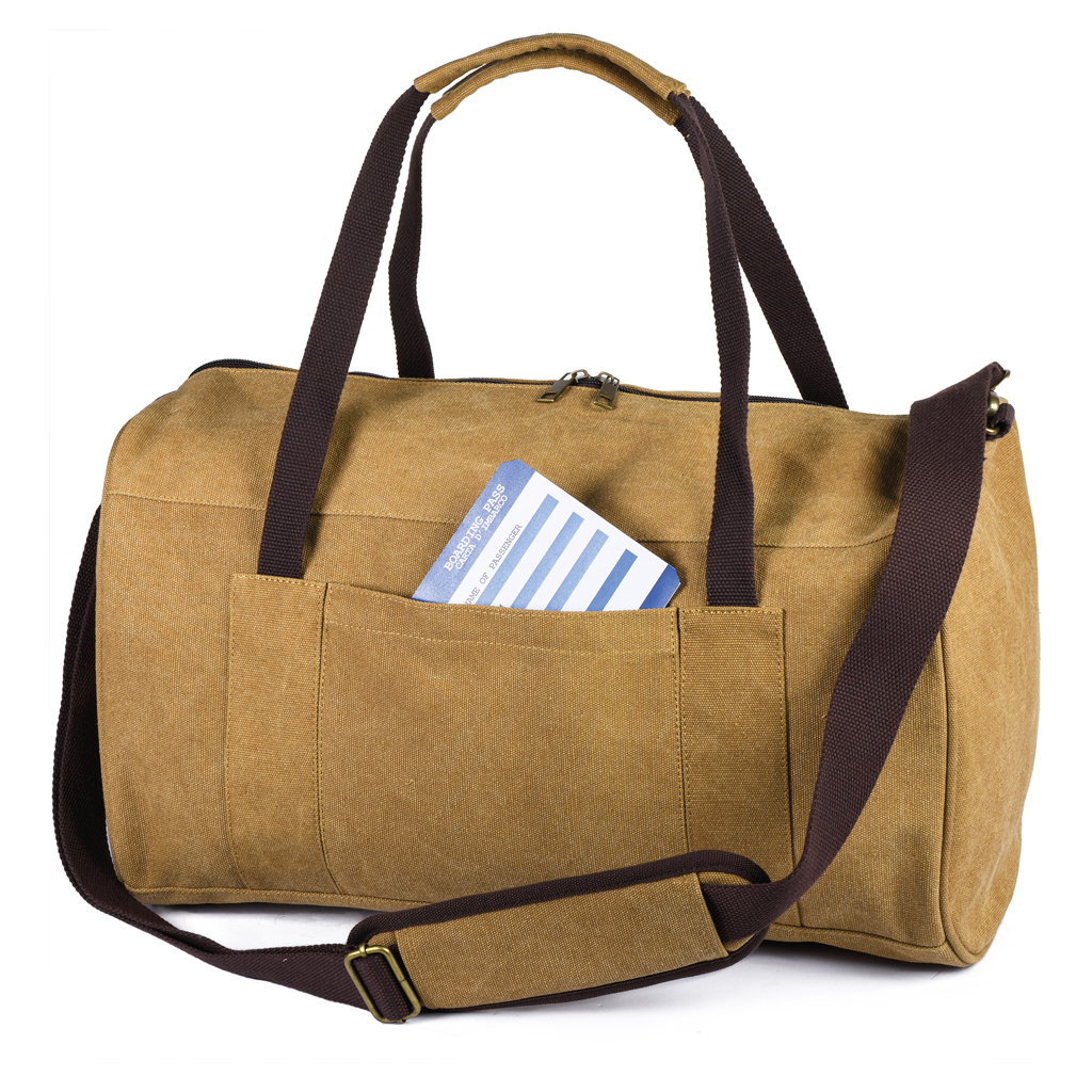 in canvas polycotton material with vintage looking. Front pocket with velcro fastener