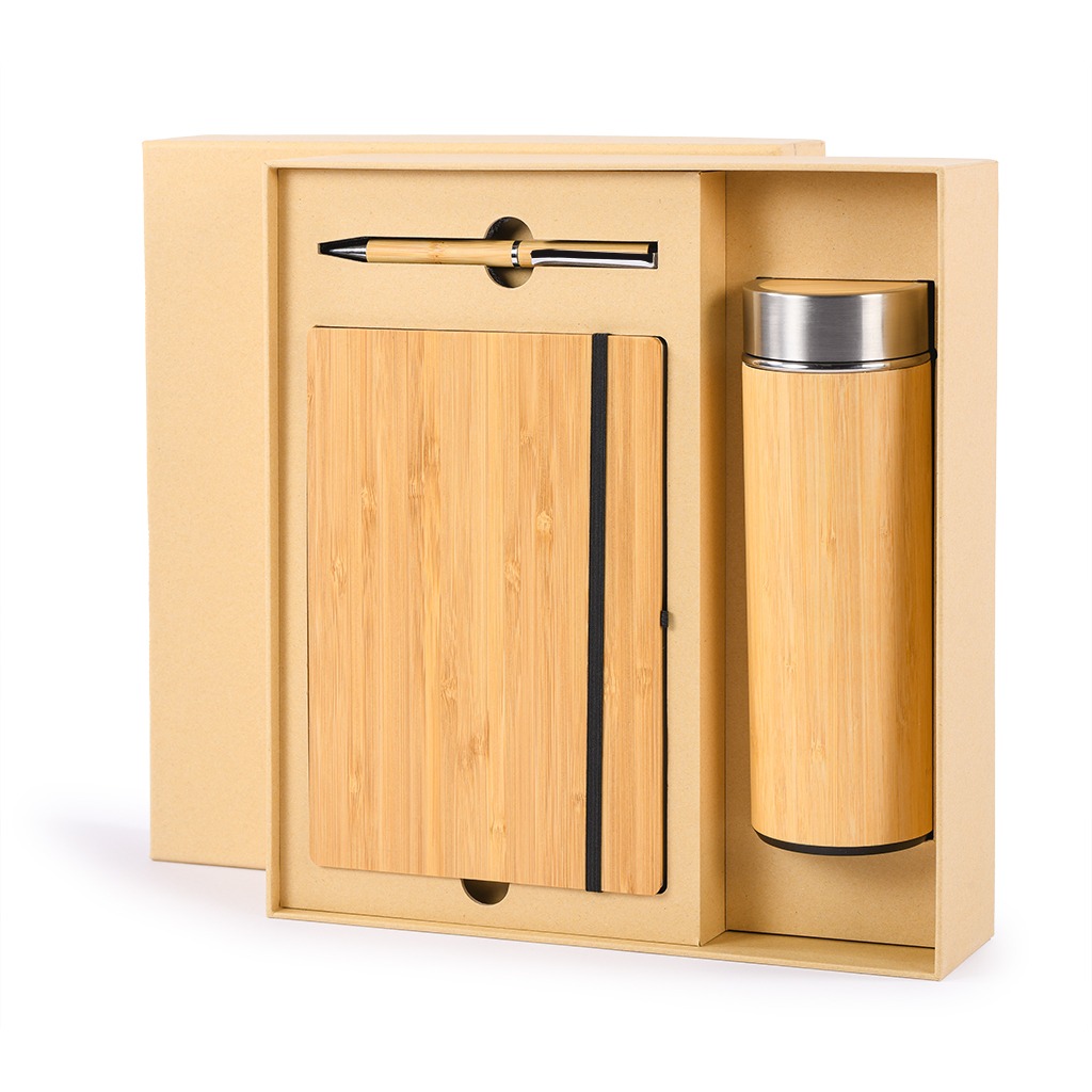 elegant gift box with one bamboo ball pen with rotation-lock and black refill and one notebook (A5 size) with bamboo cover