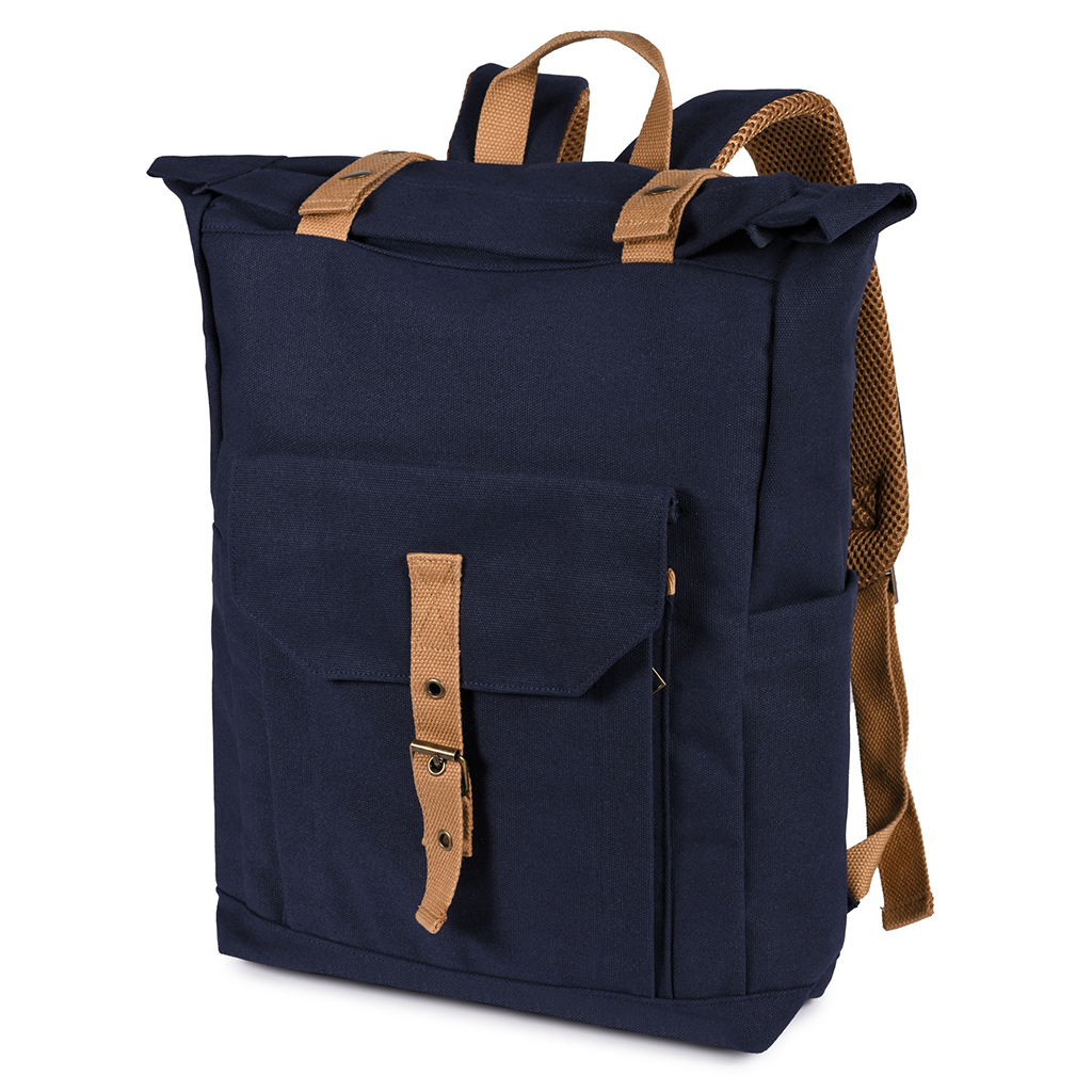 in canvas polycotton material with vintage looking. With wide main compartment with metal buttons closure