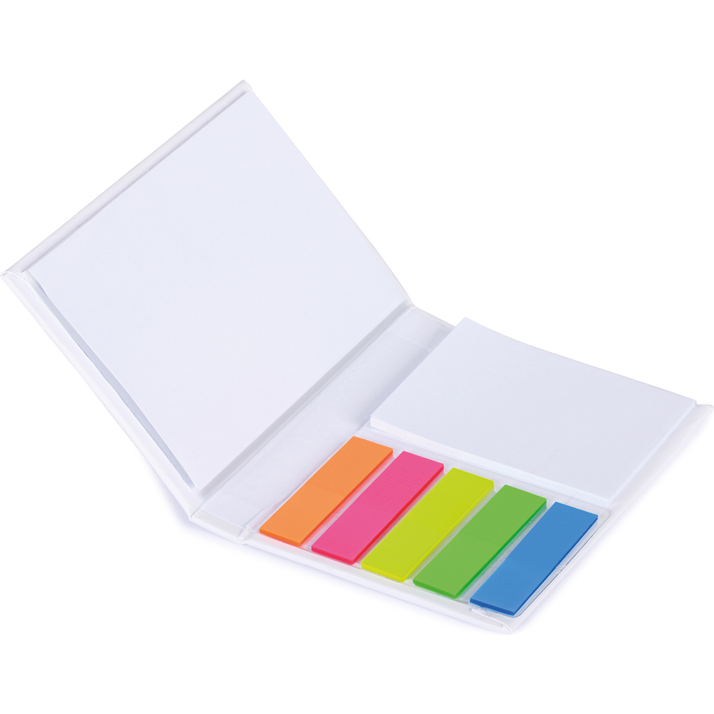 with two adhesive white sheets bookmarks and five PET adhesive flags.