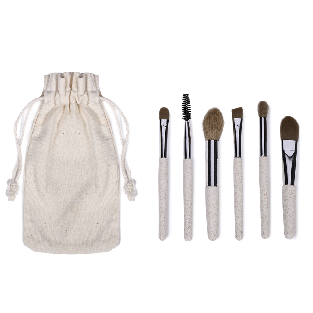 six brushes with wheat straw and PP barrels packed in small natural cotton drawstring pouch.