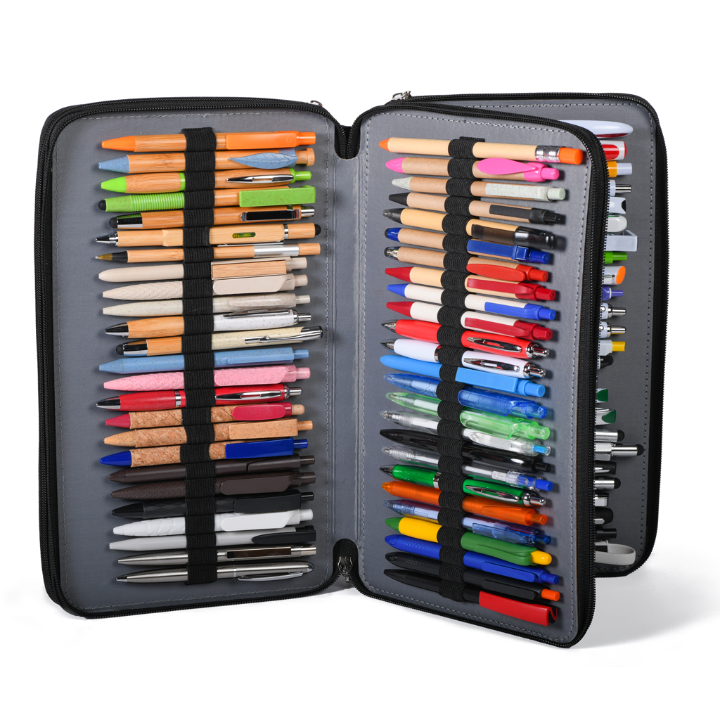 PU case containing 113 assorted pens in various models and colors with two compartments for plastic and metal models.