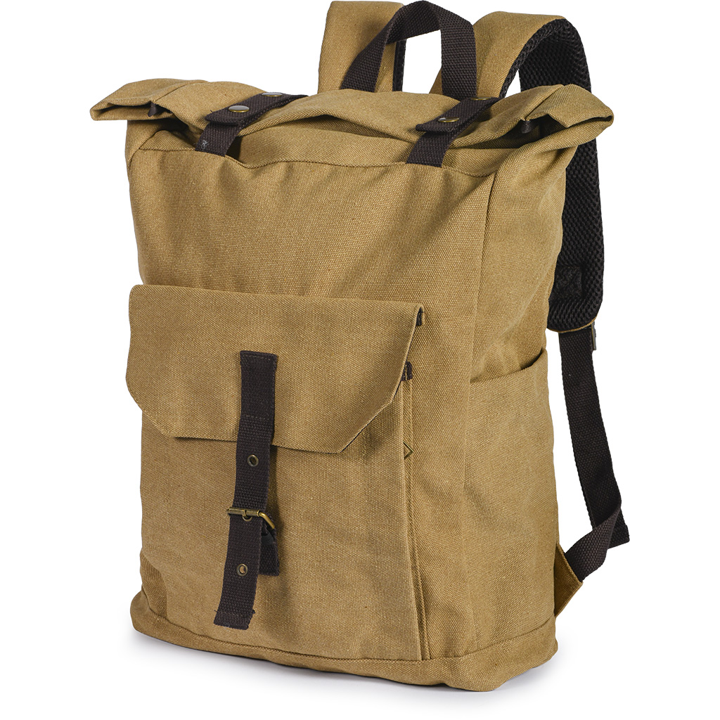 in canvas polycotton material with vintage looking. With wide main compartment with metal buttons closure