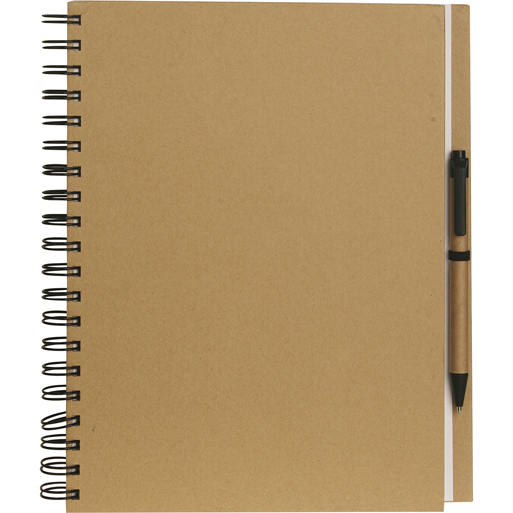 notebook (100 sheets) in recycled paper with ball pen in recycled paper and biodegradable plastic.