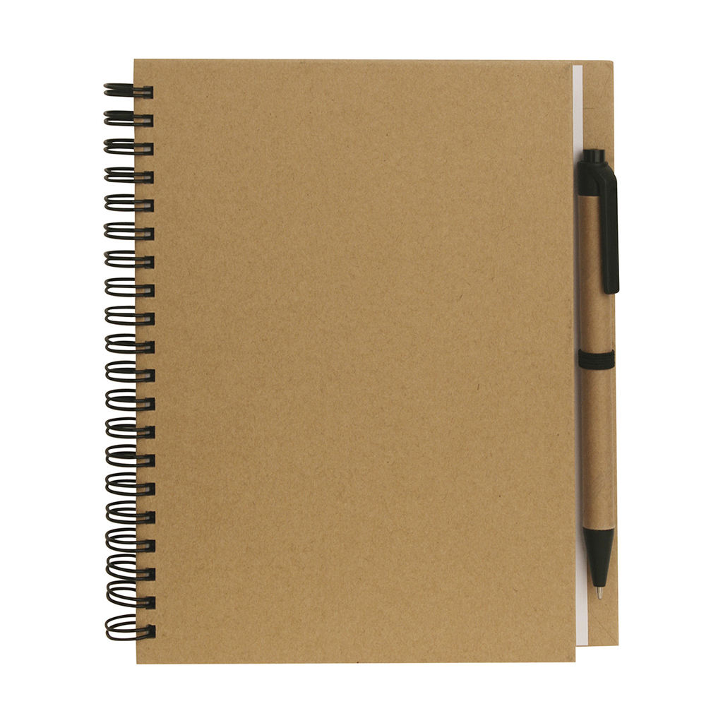 notebook (70 sheets) in recycled paper with ball pen in recycled paper and biodegradable plastic.