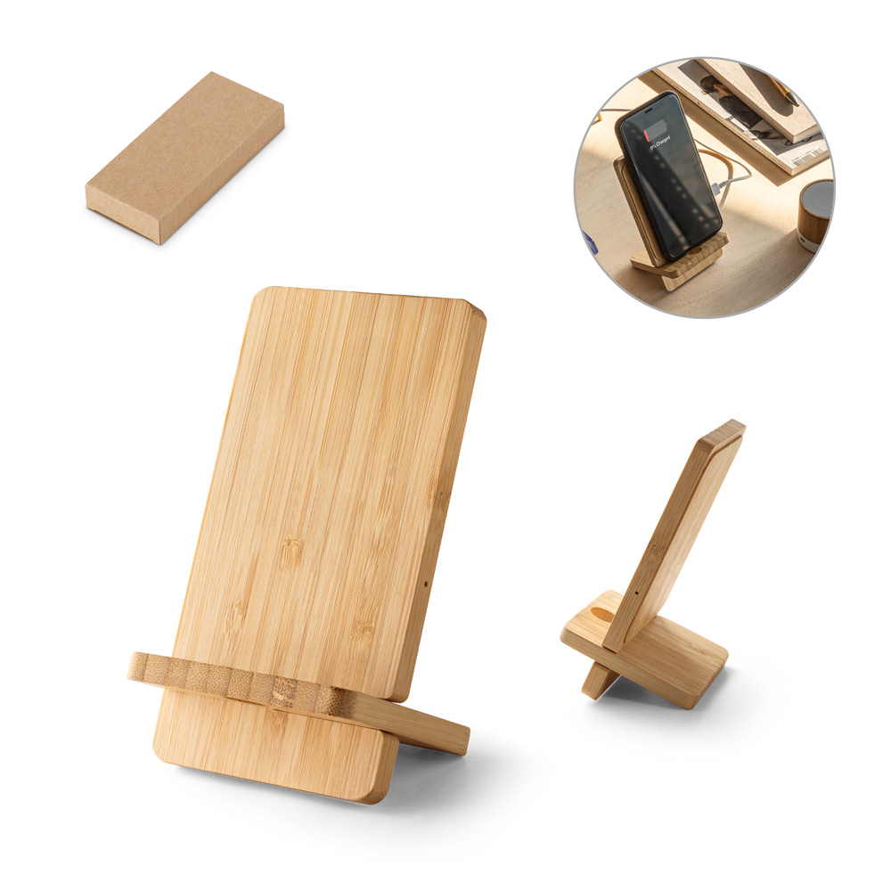 LANGE. Wireless charger and bamboo smartphone holder