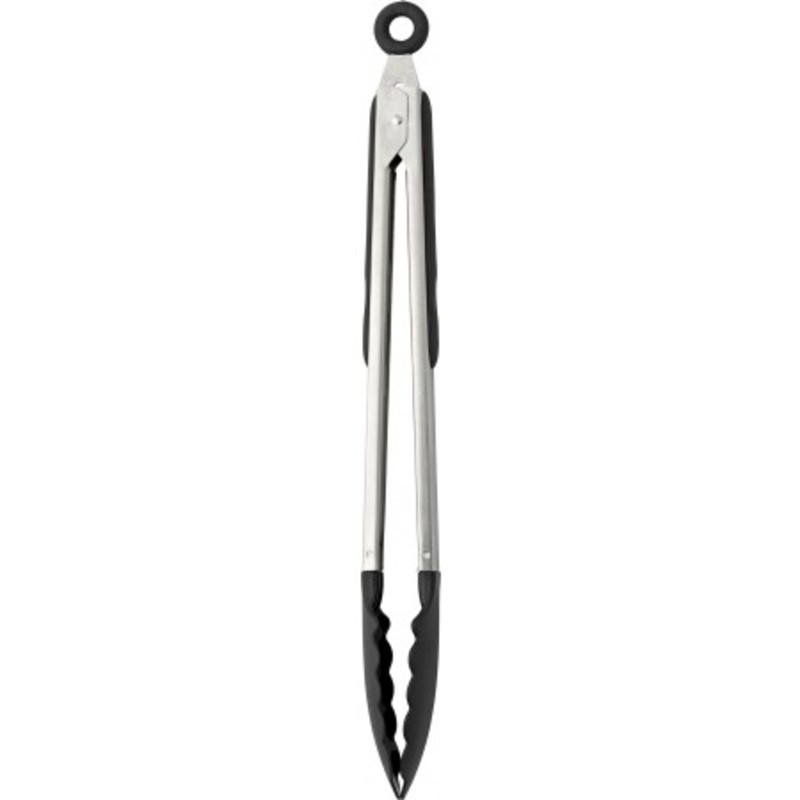 Food tongs with a rubber gripped handle.