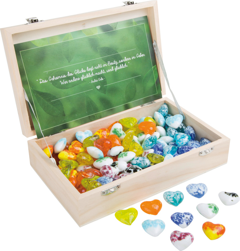 Glass Heart Lucky Stones in a Wooden Box