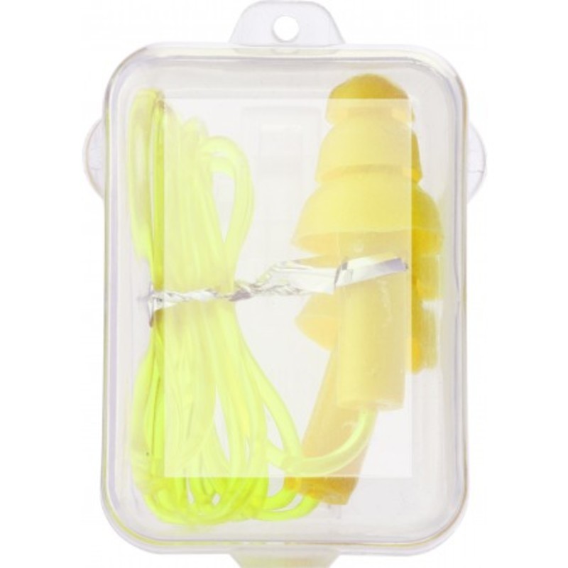 Silicone ear plugs attached to a cord.