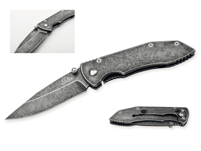 ROCK pocket knife from stainless steel w. safety pin, blade 7 cm,BEAVER, Graphite
