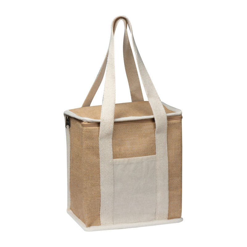 Jute cooler bag with long handles.