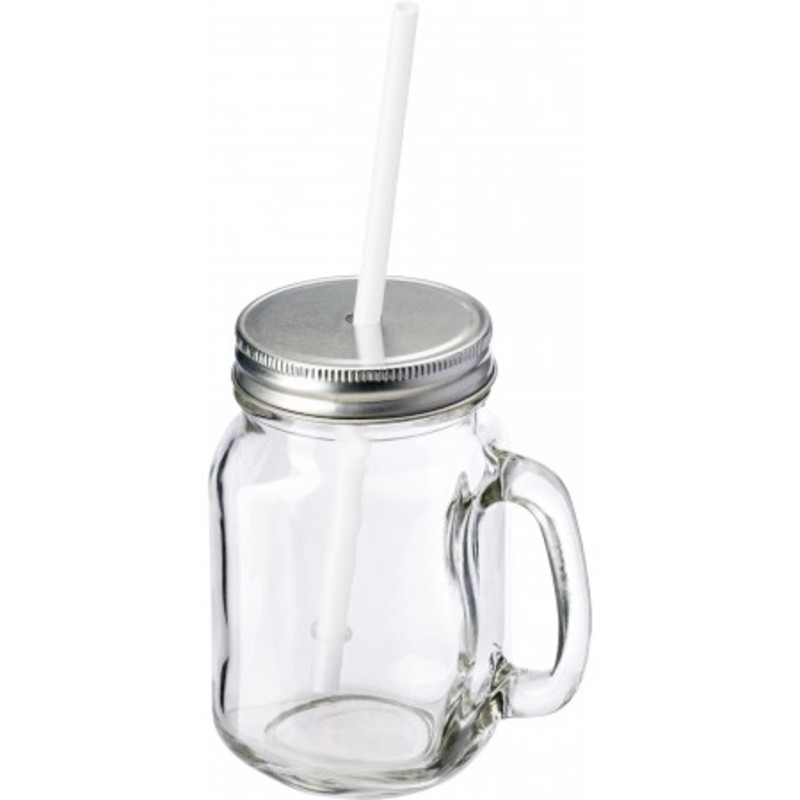 Glass mason drinking jar with handle