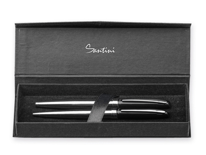 AZARIA SET set of metal ball pen and roller pen, blue refill, SANTINI, Black