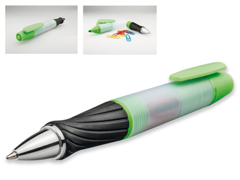 GRAND plastic ball pen 3 in 1, blue refill, highlighter, 8 office clips, Light green