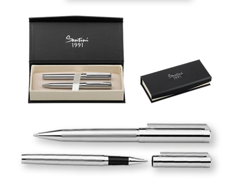 EDMOND set of metal ball pen and roller pen, blue refill, SANTINI, Silver