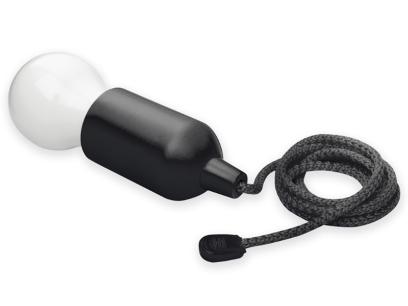 BULB plastic LED light in bulb shape with textile lanyard, Black