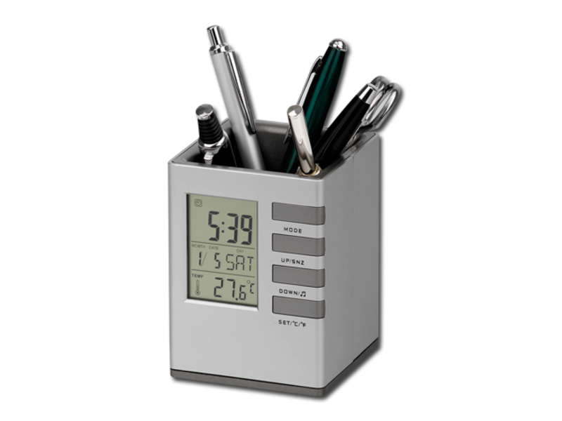 FABRIZIO pen stand with clock, Satin silver