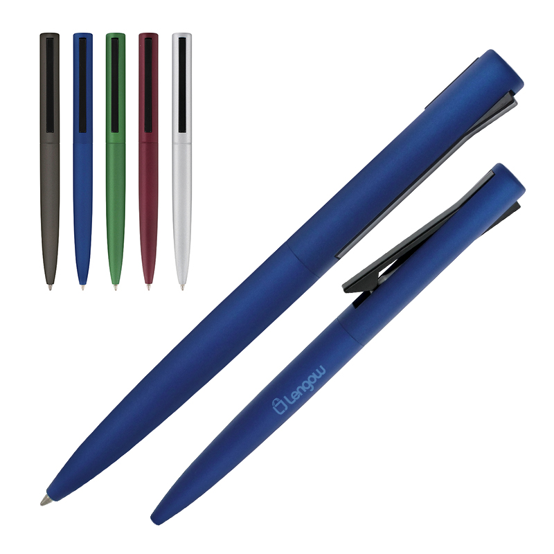 Blue ink ball-point pen with aluminium body and metal clip