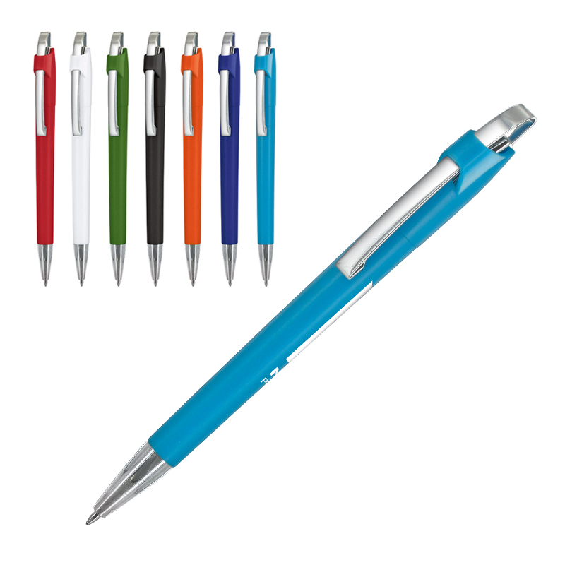 Blue ink ball-point pen with plastic body and metal clip