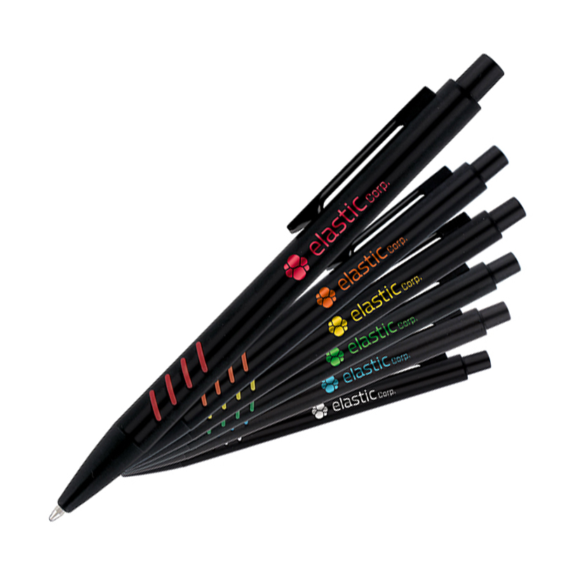 Blue ink ball-point pen with aluminium body with coloured under-layer and metal