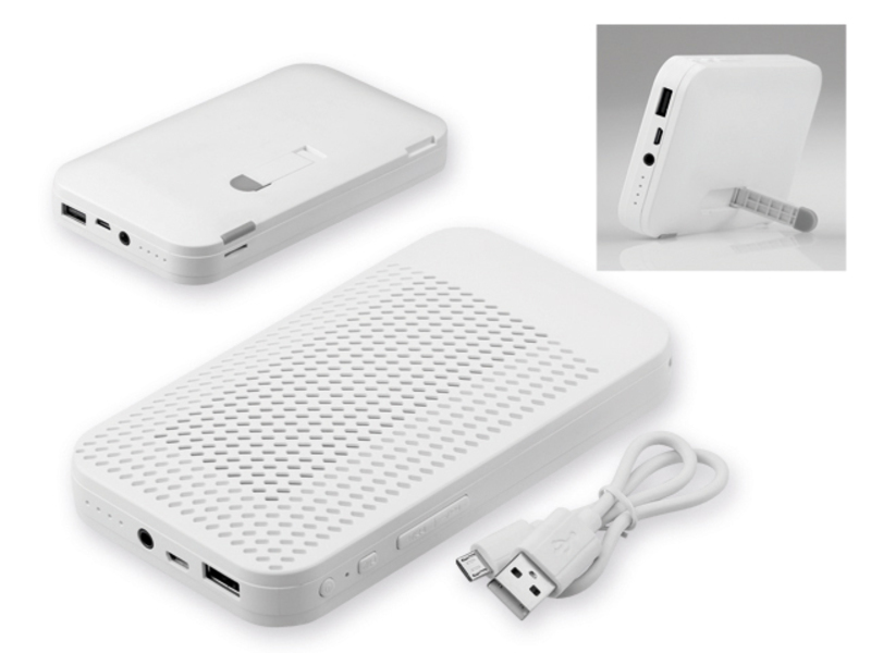 FUSION plastic power bank with 4 000 mAh capacity and 3 W speaker, White