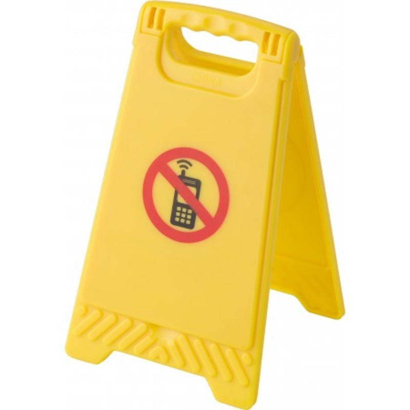 Plastic warning sign with a mirror