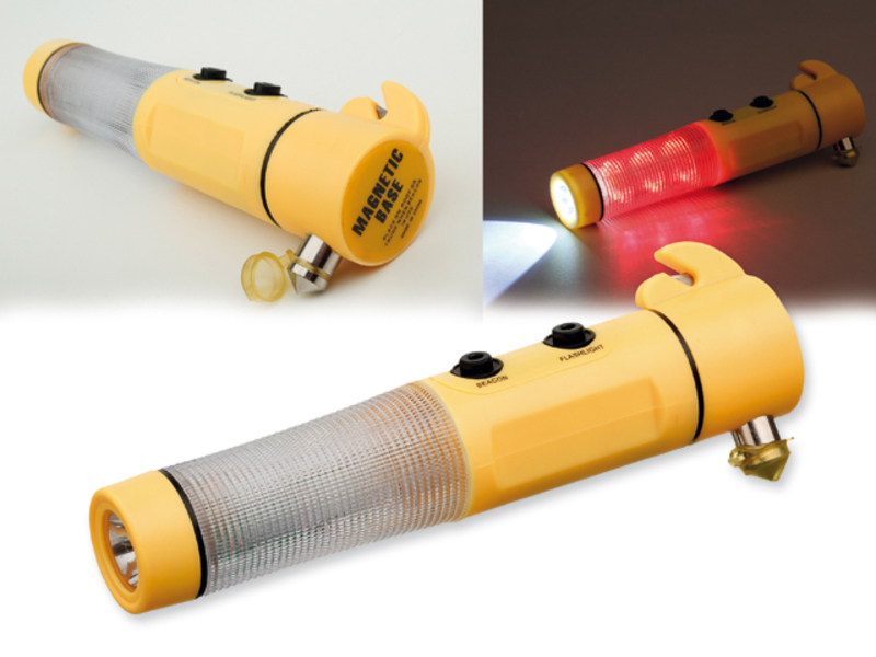 FLASHMER emergency hammer with flashlight, warning beacon and magnet, Yellow